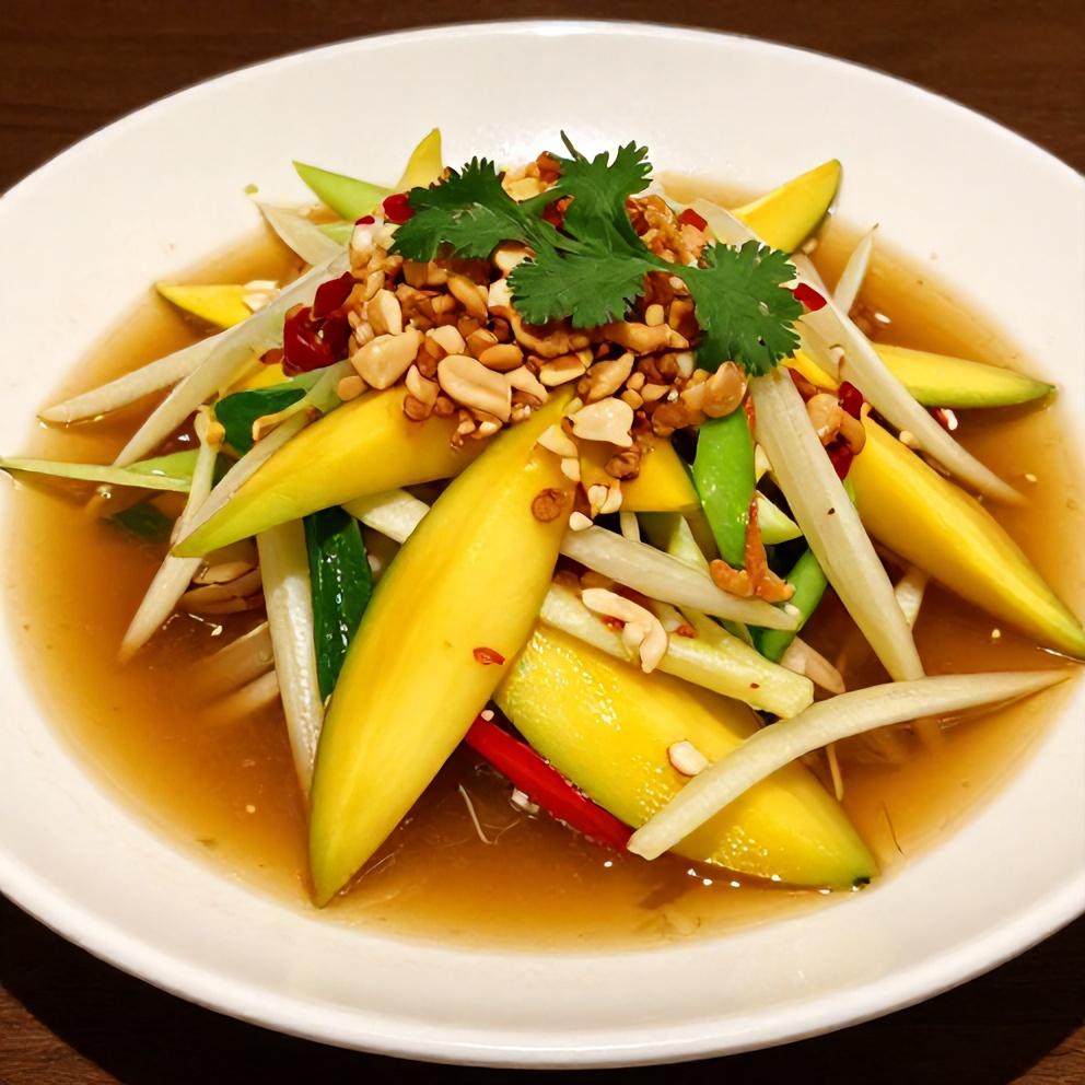 Plated Fresh Thai Mango Green Papaya Salad with Chili Lime Dressing