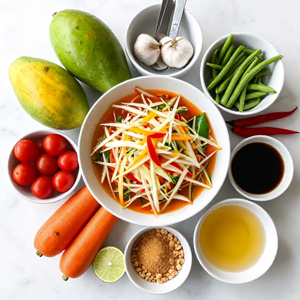 Raw ingredients for Fresh Thai Mango Green Papaya Salad