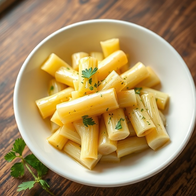 Creamy garlic butter braised celery plated in a white bowl with a sprinkle of parsley.