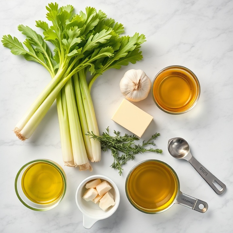 Fresh celery, garlic, butter, thyme, and olive oil arranged on a marble surface.