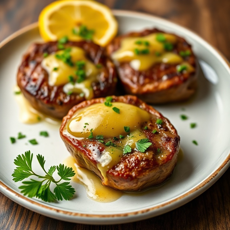 Plated garlic butter steak bites with parsley and lemon