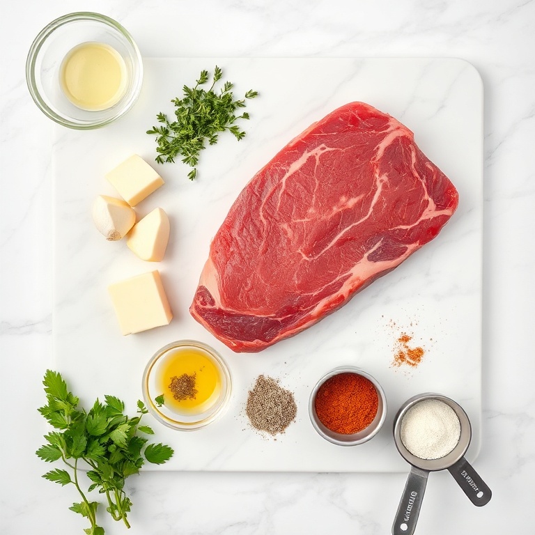 Raw steak, garlic, butter, herbs, and seasoning on a wooden board