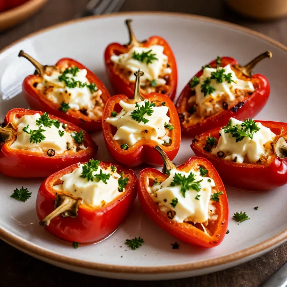 Plated serving of goat cheese stuffed mini peppers on a rustic plate