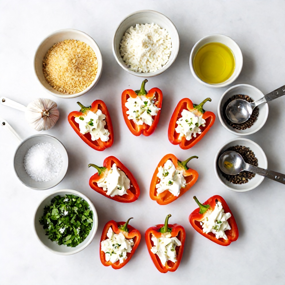 Raw ingredients for goat cheese stuffed mini peppers on a white marble surface