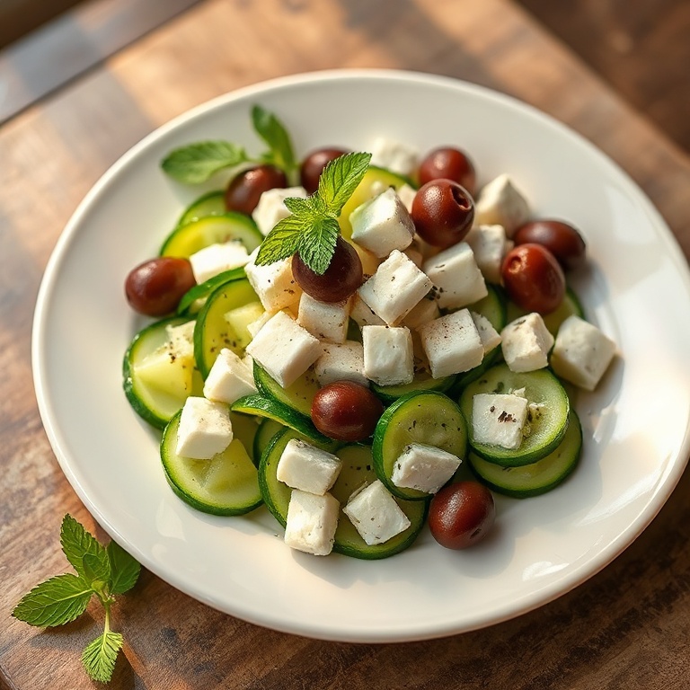 Cucumber salad plated with feta, olives, and fresh mint on a white ceramic plate