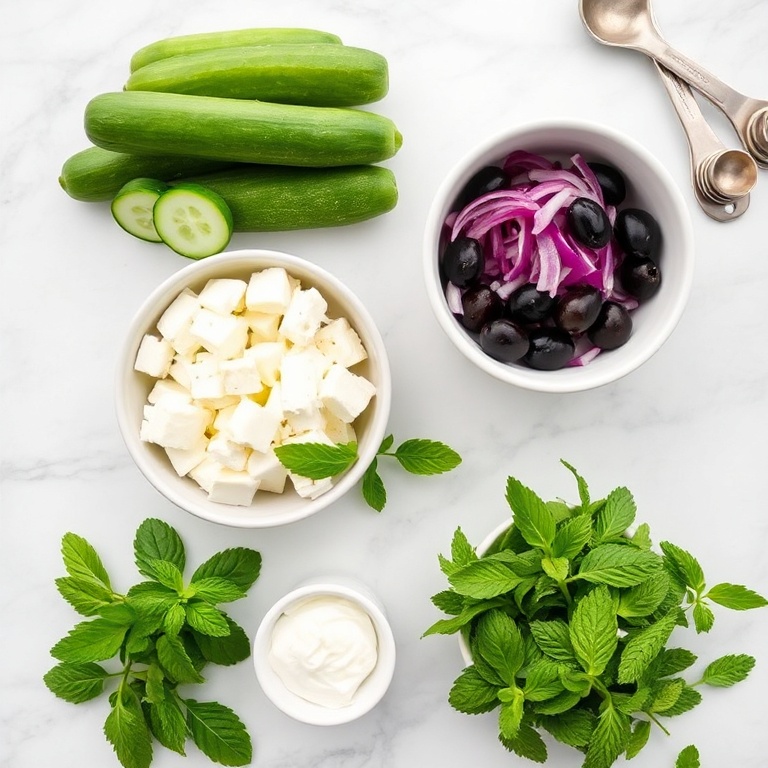 Fresh cucumbers, feta cheese, olives, red onion, and mint arranged on a white plate