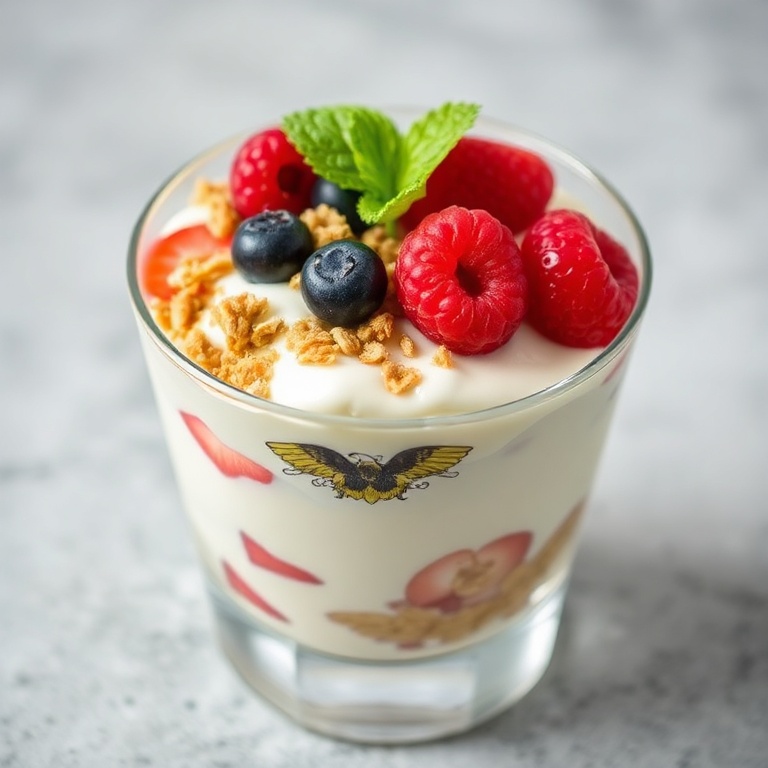 A perfect serving of Greek yogurt parfait in a glass. Granola bits and fresh berries top the creamy yogurt. A small leaf garnish adds a fresh touch.
