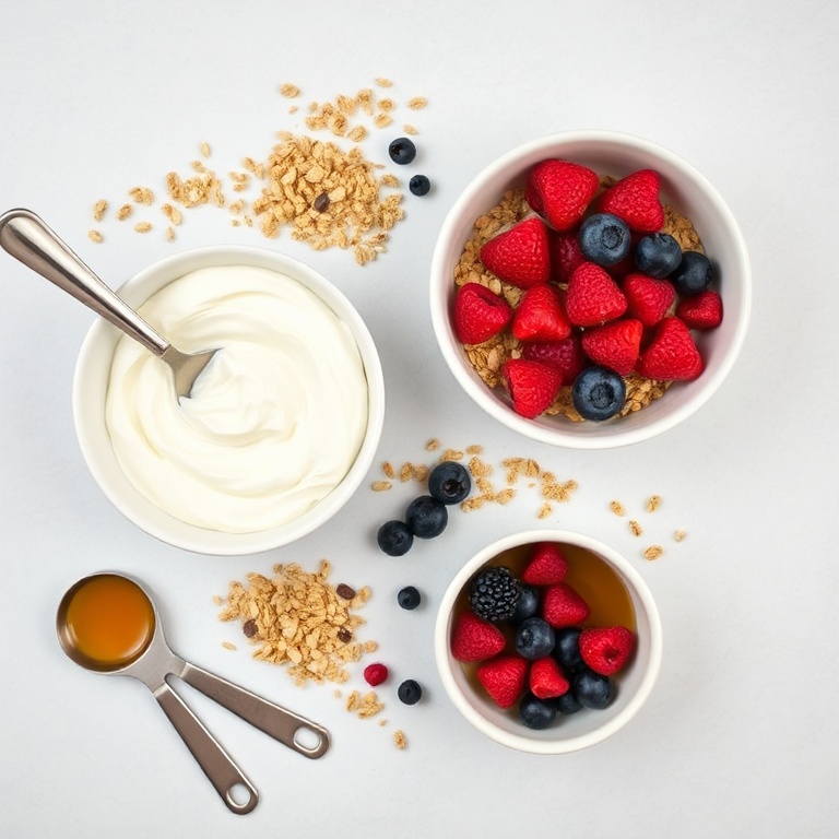 A flat lay of Greek yogurt, granola, fresh berries, honey, and a spoon. The ingredients are arranged in a clean overhead shot with measuring tools nearby.