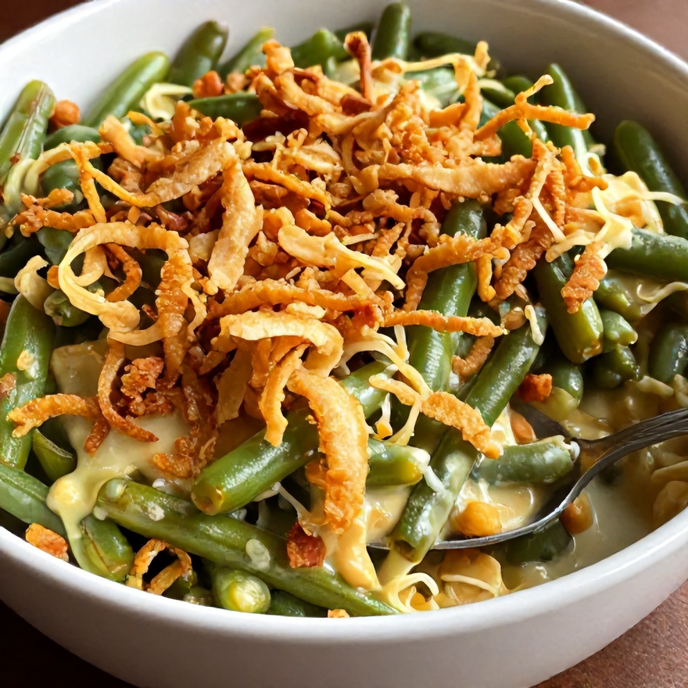 Green bean casserole served in a bowl with a spoon
