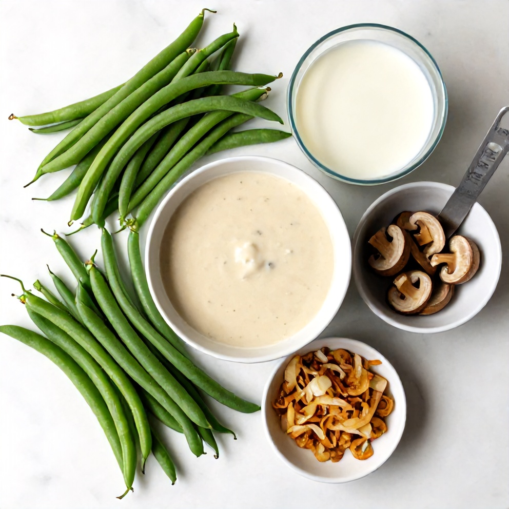 Raw green beans, cream of mushroom soup, milk, and fried onions