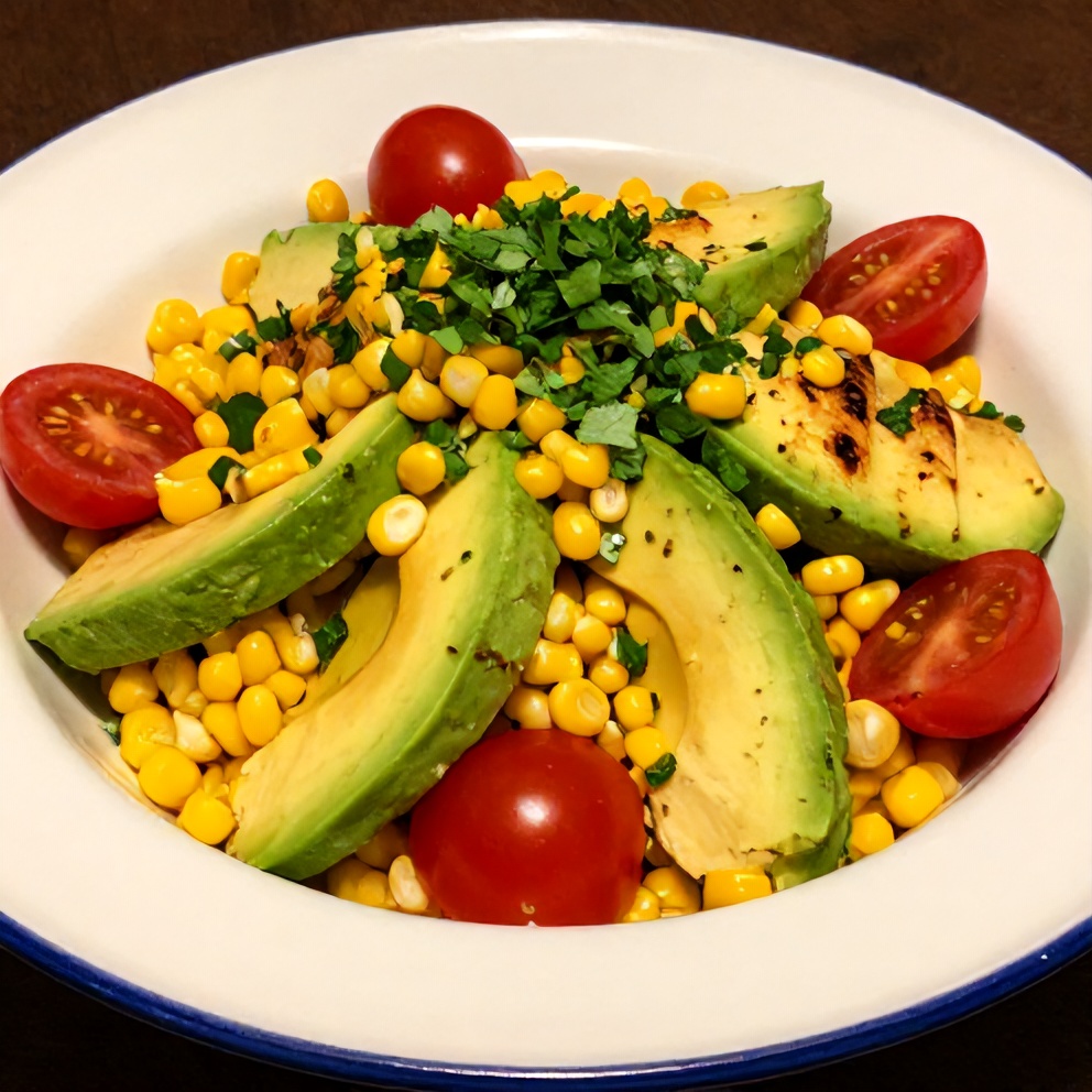 Plated serving of Fresh Grilled Corn Avocado Salad with Cherry Tomatoes