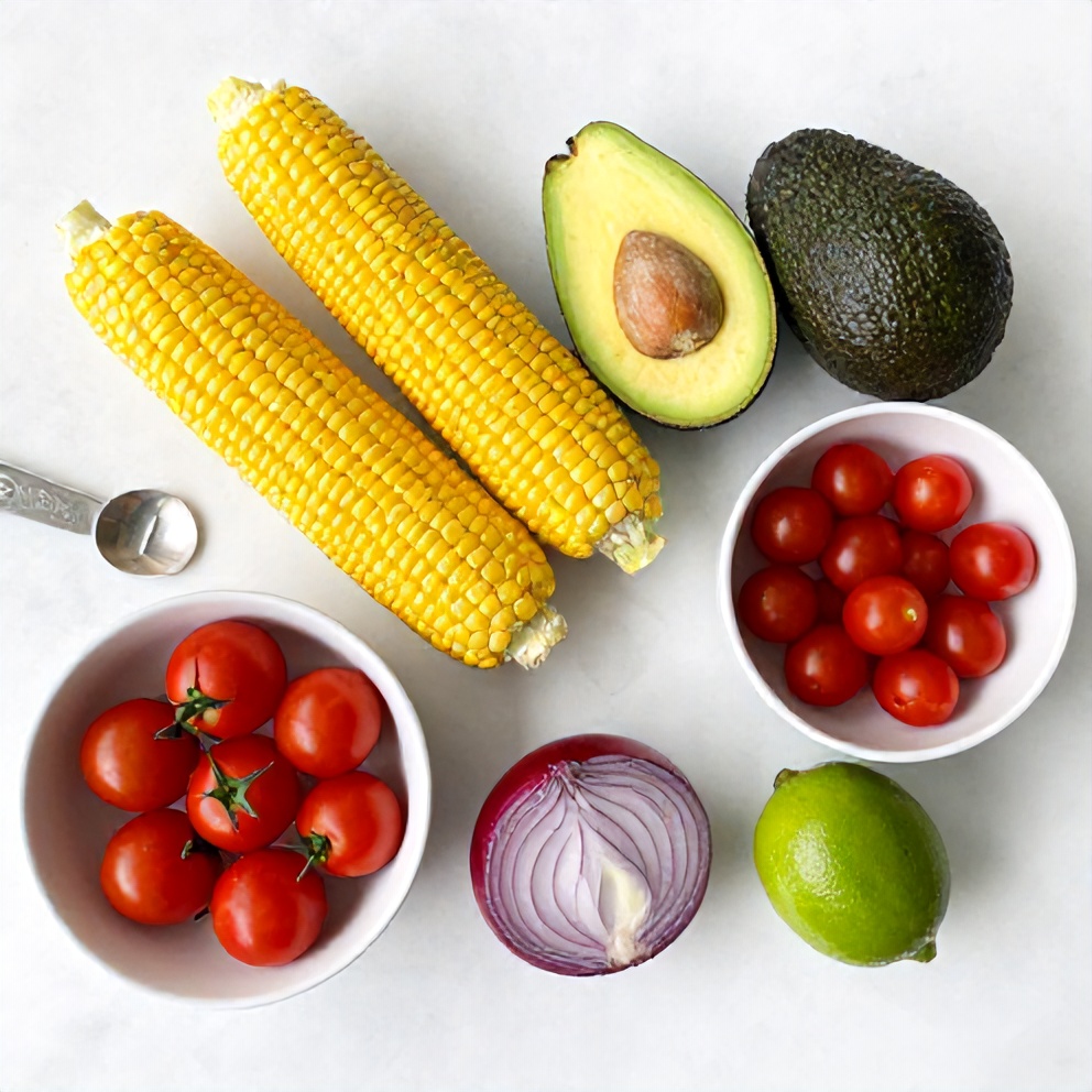 Raw ingredients for Grilled Corn Avocado Salad with Cherry Tomatoes