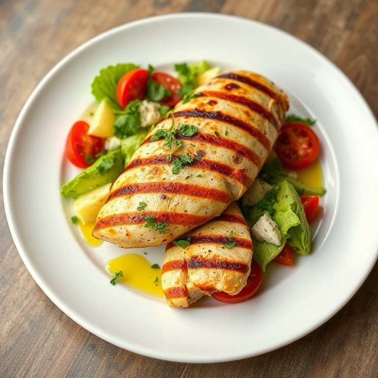 Grilled Mediterranean Chicken Salad with feta and olives on a white plate