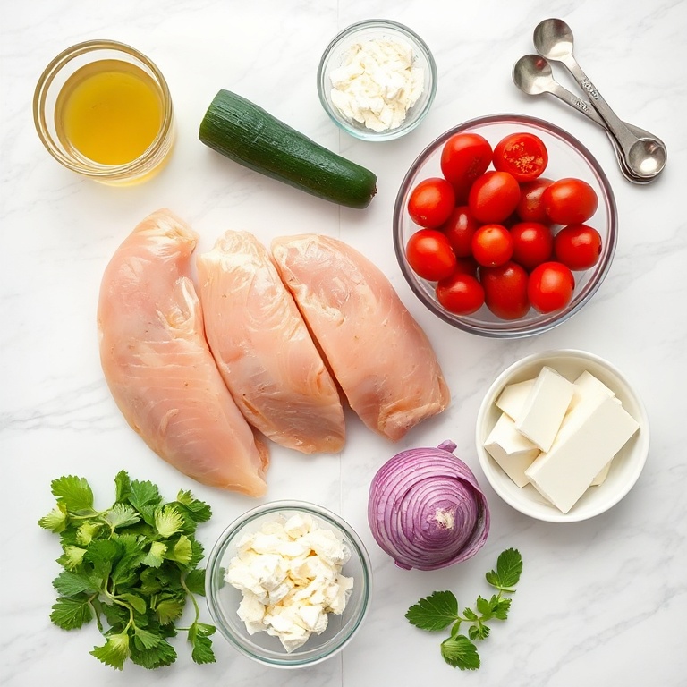 Fresh chicken, tomatoes, cucumbers, olives, and feta in a flat lay
