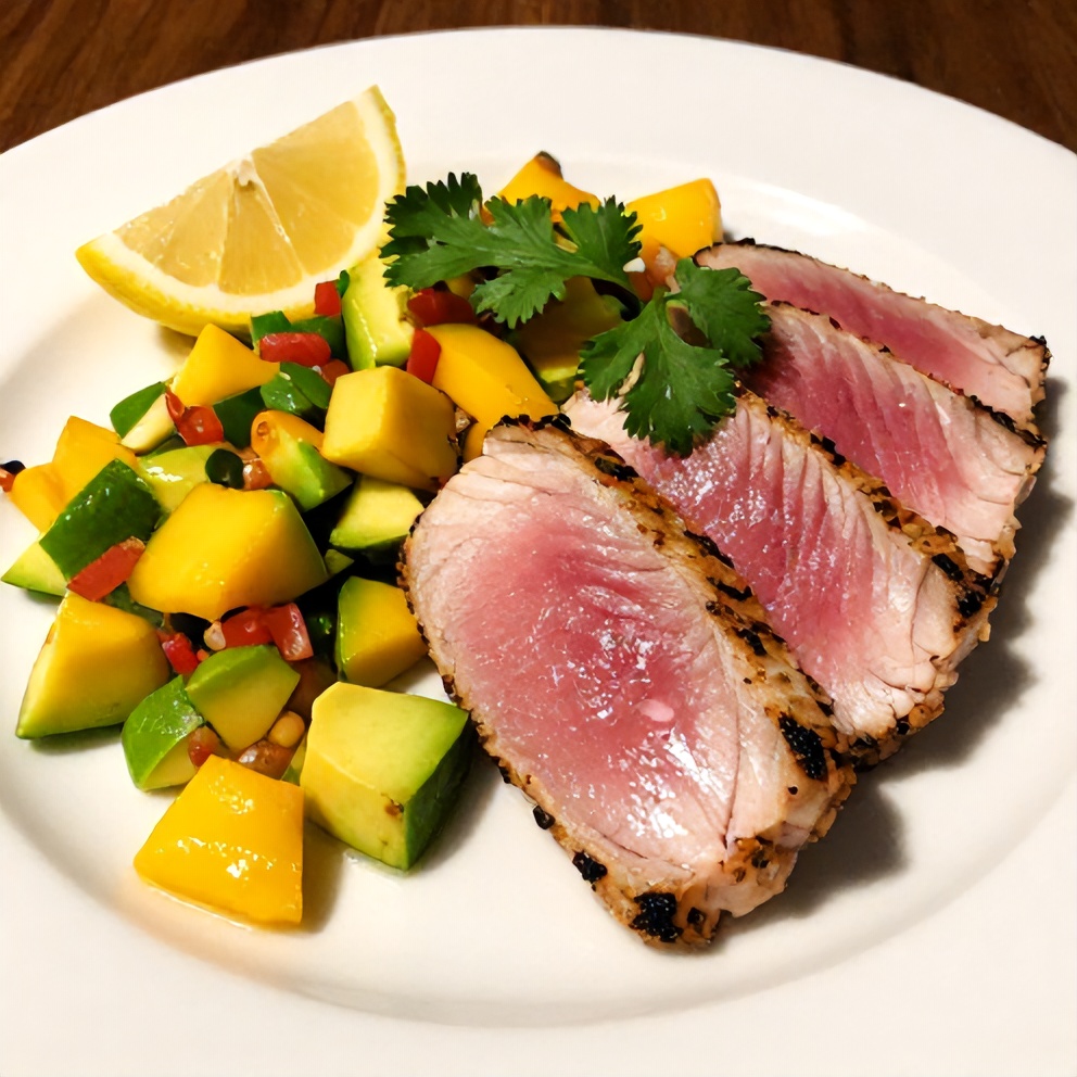 Plated Grilled Tuna Steak with Mango Avocado Salsa