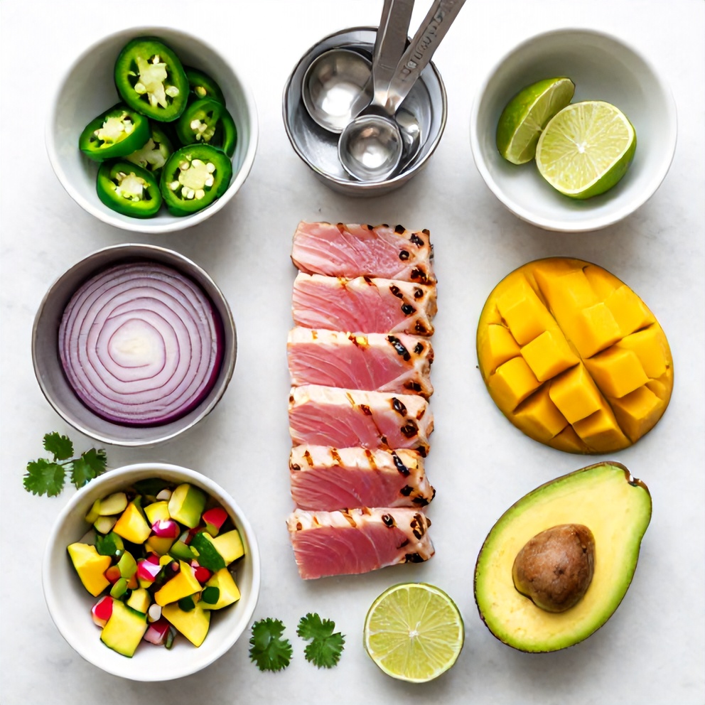 Raw Ingredients for Grilled Tuna Steak with Mango Avocado Salsa
