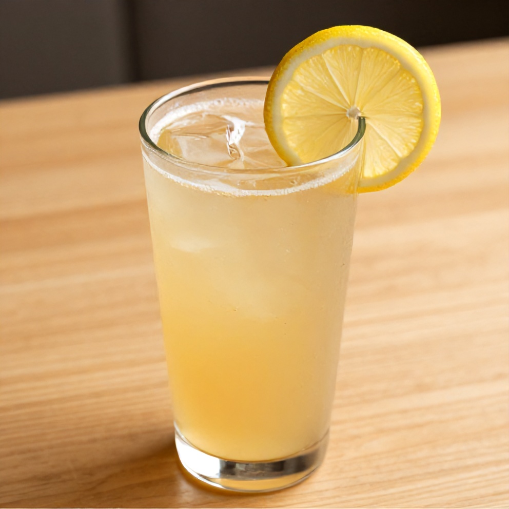 Guava White Tea Lemonade poured in a glass with a lemon slice and served on a wooden table