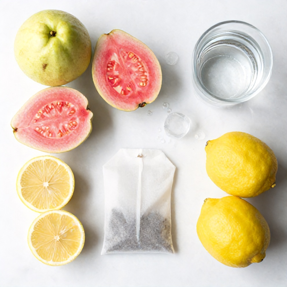 Guava, lemons, white tea bags, sugar, water, and ice on a wooden surface