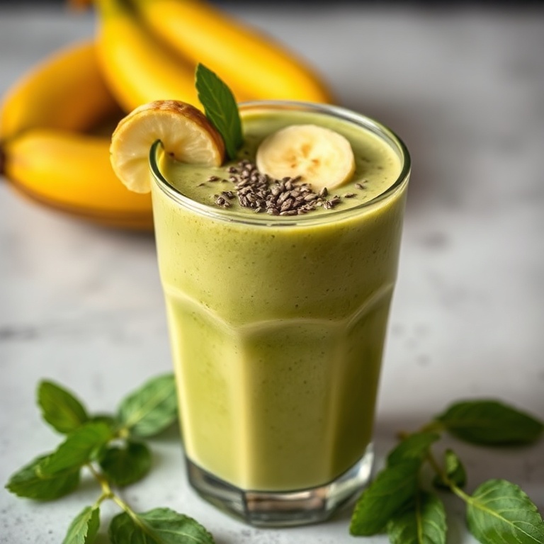 A perfect serving of healthy avocado banana smoothie in a clear glass. Topped with a banana slice and a sprinkle of chia seeds. Warm side lighting highlights the texture.