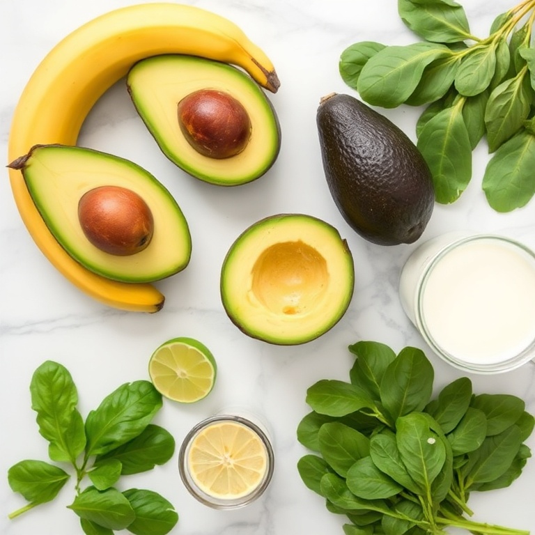 Fresh ingredients for a healthy avocado banana smoothie: ripe avocados, bananas, spinach, almond milk, and a squeeze of lime arranged in a flat lay on a white marble surface.