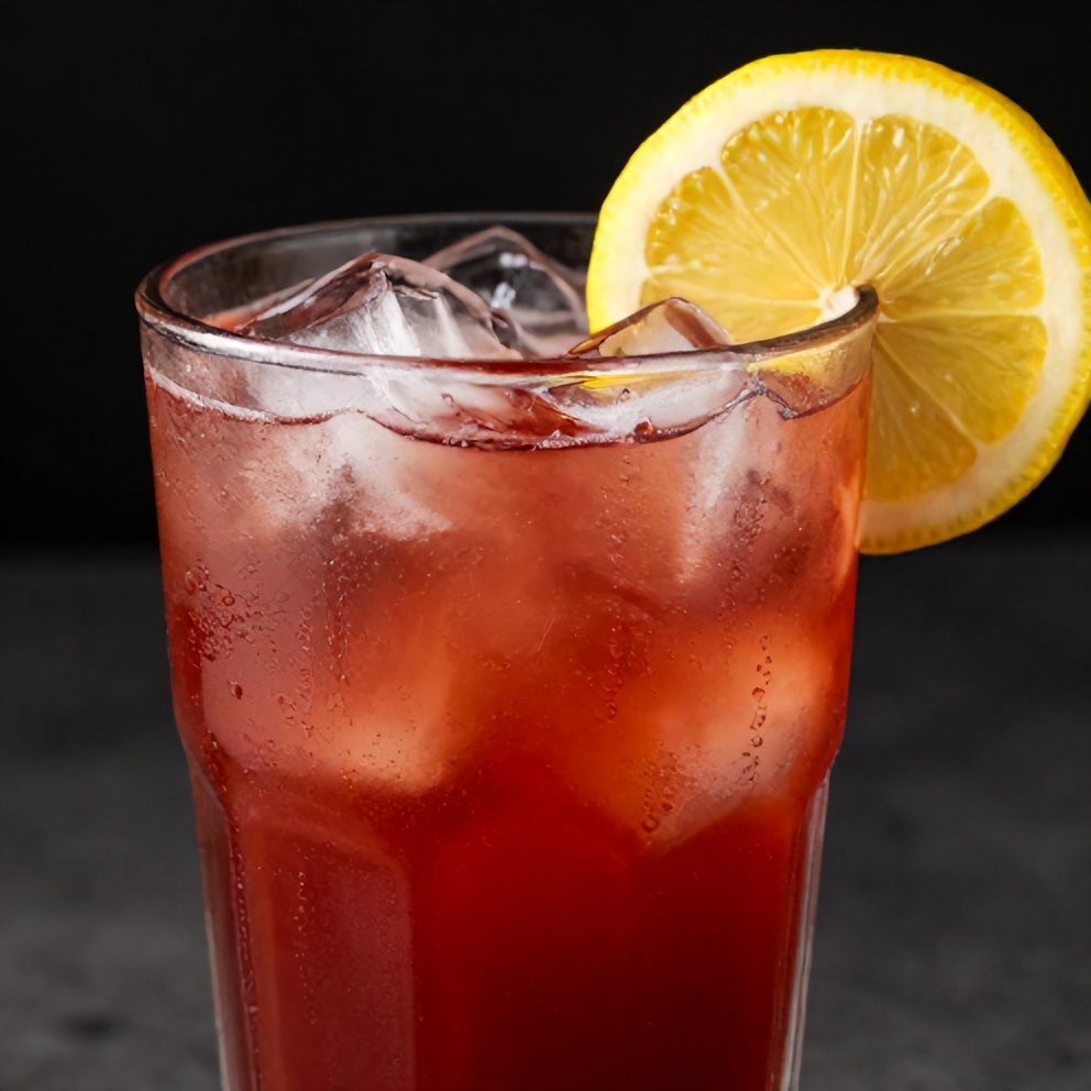 Hibiscus Cardamom Iced Latte with a lemon slice garnish