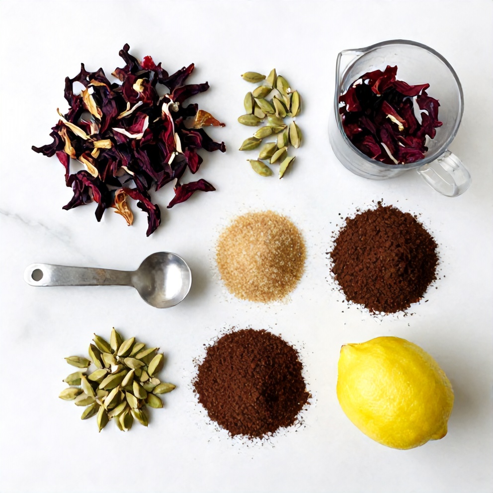 Hibiscus flowers, cardamom pods, coffee grounds, and other ingredients for Hibiscus Cardamom Iced Latte