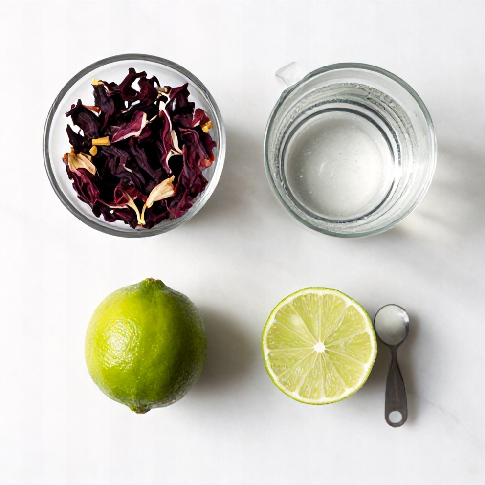 Ingredients for keto hibiscus lime sparkling water