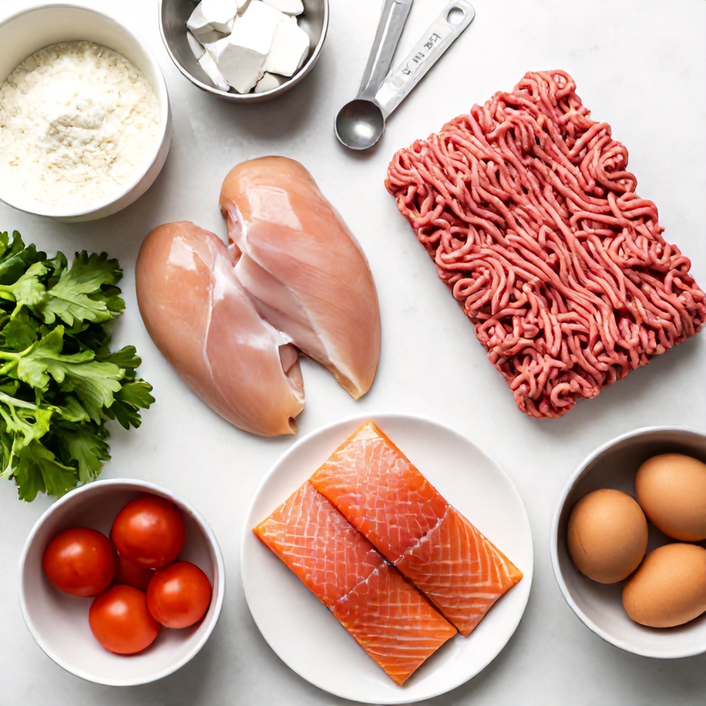 An overhead view of the ingredients for high protein, low calorie meals arranged on a white marble surface.
