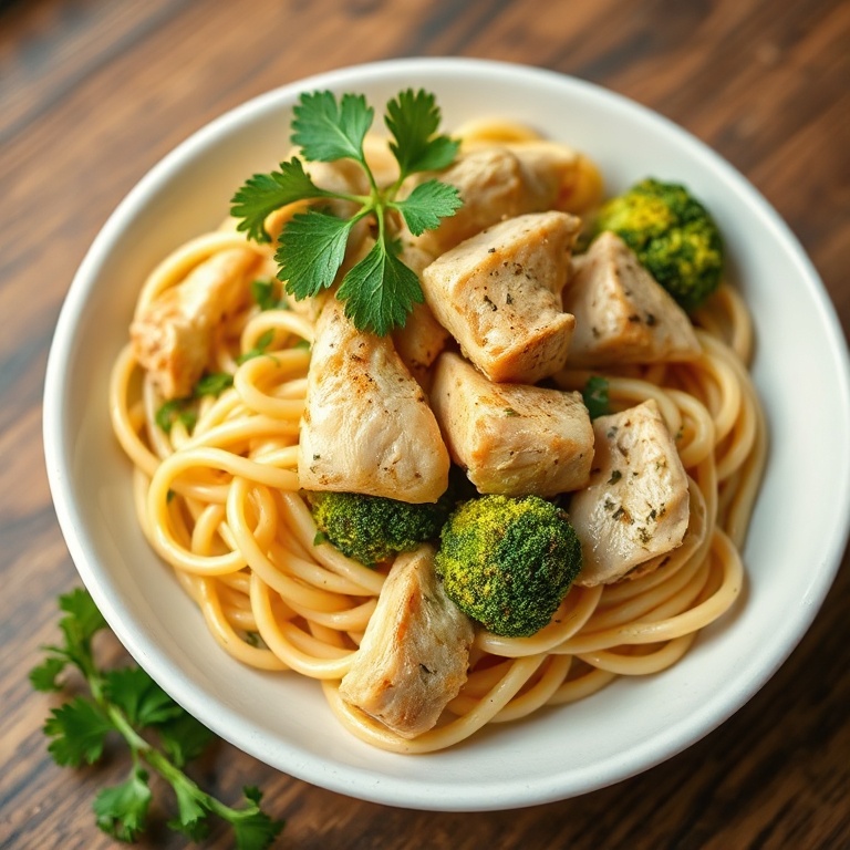 A bowl of high protein rotisserie chicken broccoli pasta with fresh parsley on top