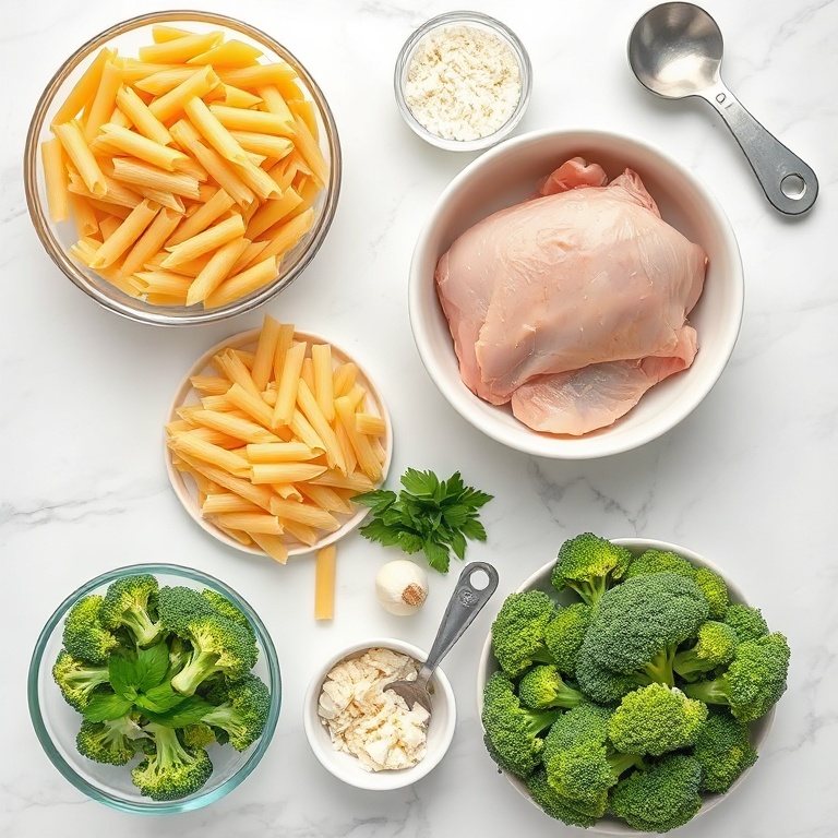 Raw ingredients for chicken broccoli pasta: rotisserie chicken, broccoli, pasta, garlic, cheese, and cream of mushroom soup