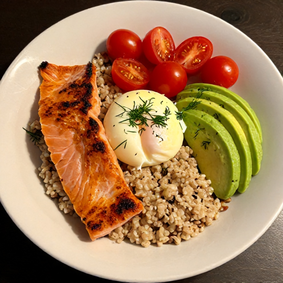 High protein smoked salmon quinoa breakfast bowl with poached egg