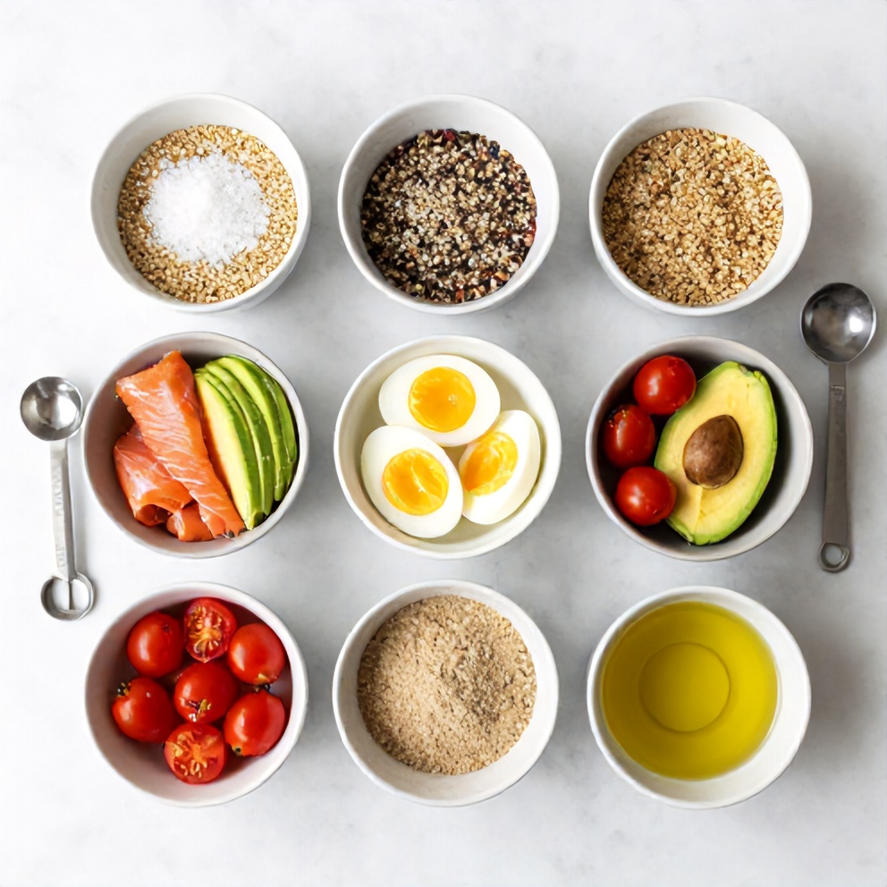 Raw ingredients for high protein smoked salmon quinoa breakfast bowls