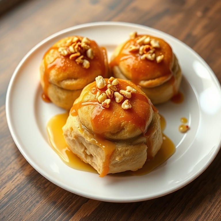 Perfectly plated baklava babka buns with a honey drizzle and crushed nuts. White porcelain plate shows rich texture and golden color.