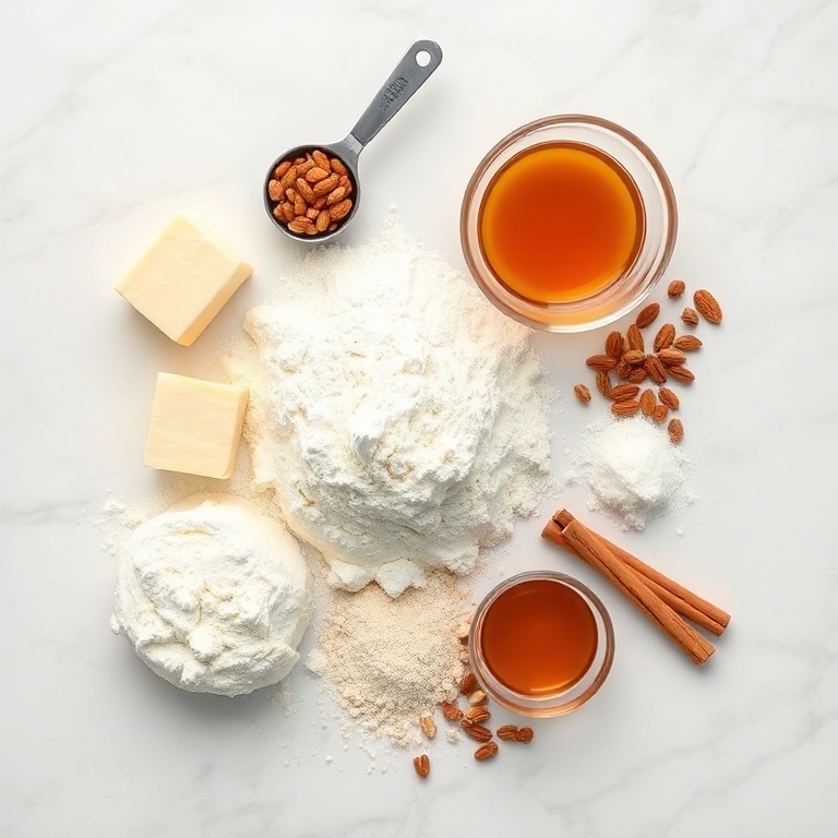 Fresh butter, flour, honey, nuts, and cinnamon arranged in a flat lay. Measuring cups and bowls visible. Bright natural light.