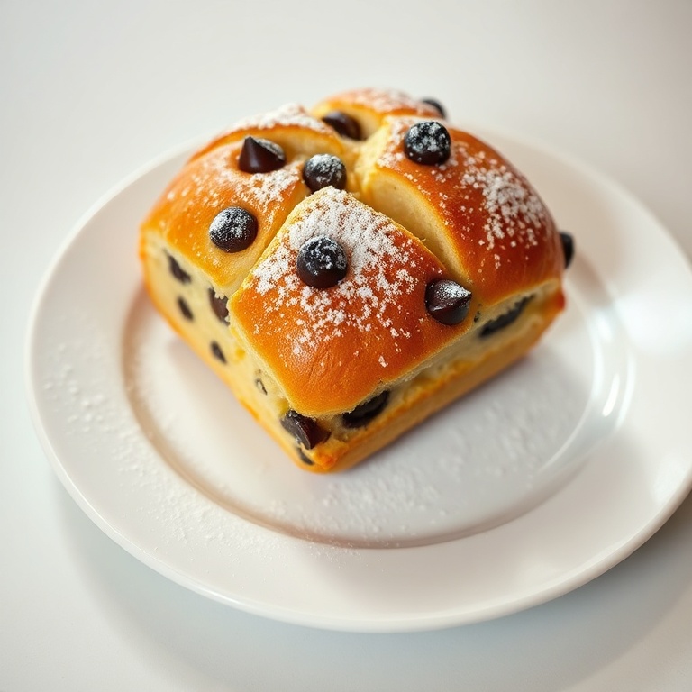 Perfectly baked brioche with chocolate chips and a golden crust on a white plate