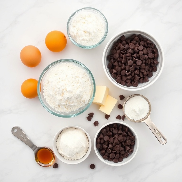 Eggs, flour, sugar, butter, chocolate chips, and vanilla extract arranged in a flat lay