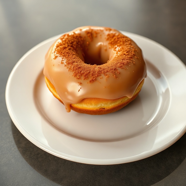 One glazed donut plated on a white ceramic plate. Cinnamon sugar on top. Warm side lighting shows texture. Photorealistic food photography style.