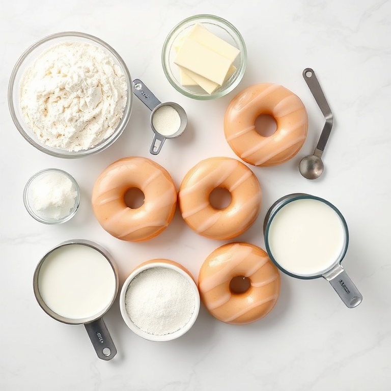 All raw ingredients for glazed donuts arranged in an overhead flat lay. Flour, butter, yeast, sugar, and milk prominent. Measuring spoons and cups visible. White marble surface. Bright even light.