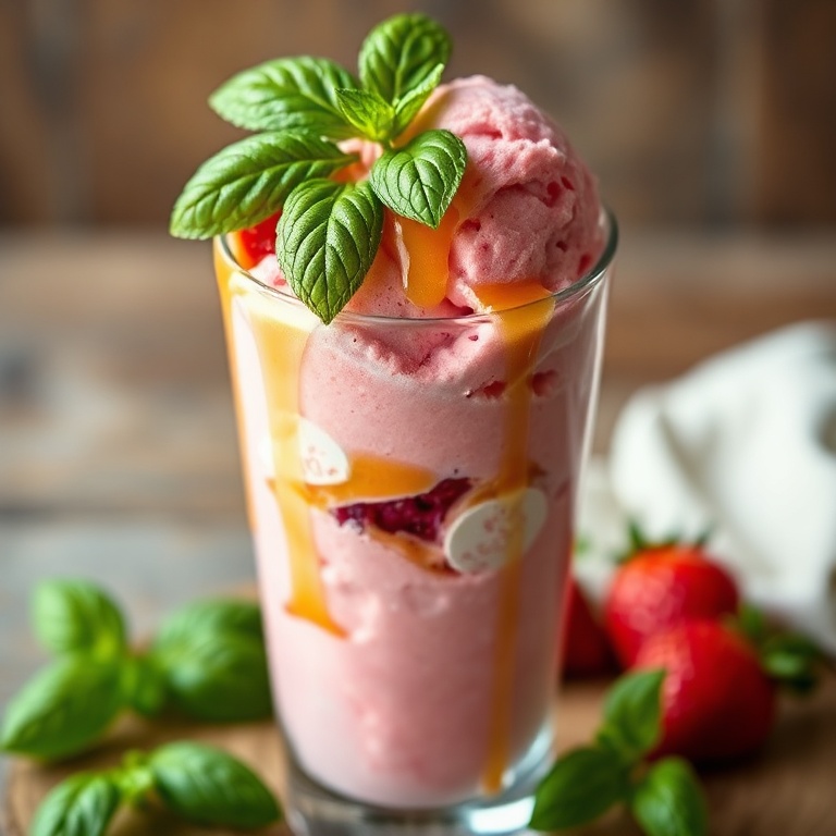A tall glass of homemade roasted strawberry basil ice cream topped with fresh basil and a drizzle of honey. Close shot showing texture and color. Warm side lighting. Photorealistic food photography, no text or watermark.