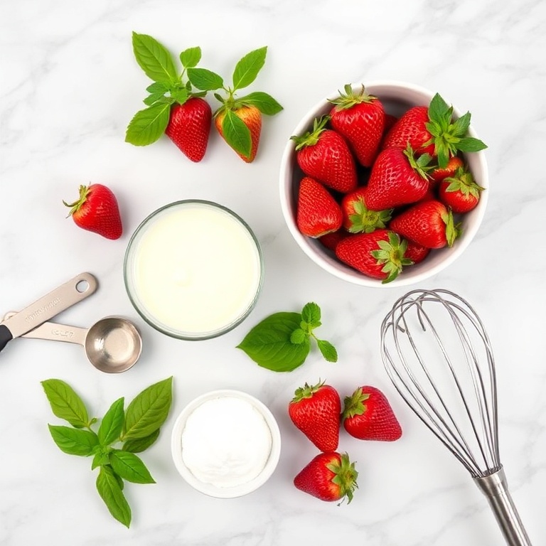 Fresh strawberries, basil, heavy cream, sugar, and vanilla extract in a white marble flat lay. Measuring spoons, a mixing bowl, and a whisk visible. Bright even light, no shadows. Photorealistic overhead food photography, no text or watermark.