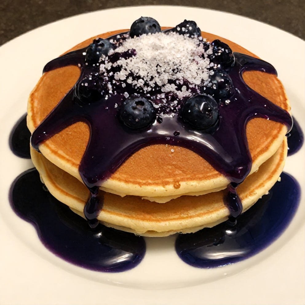 Blueberry syrup drizzled over pancakes