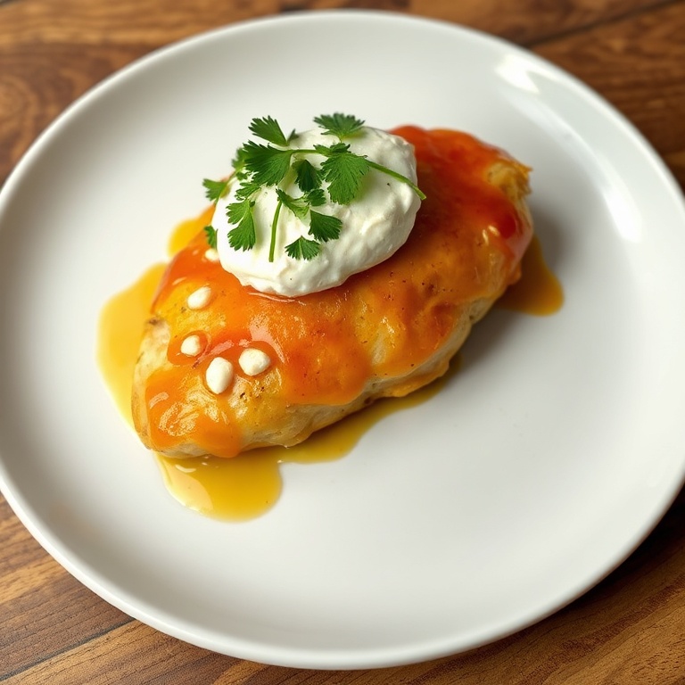 One serving of hot honey feta chicken on a round white dinner plate, topped with whipped feta and a sprinkle of fresh parsley, close crop, creamy topping spilling over the chicken, warm lighting.