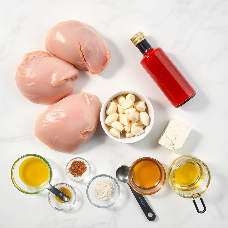Overhead shot with raw chicken breasts, block of feta cheese, small bowl of honey, fresh garlic cloves, and a bottle of hot sauce arranged with prep bowls and measuring spoons on a white marble background.