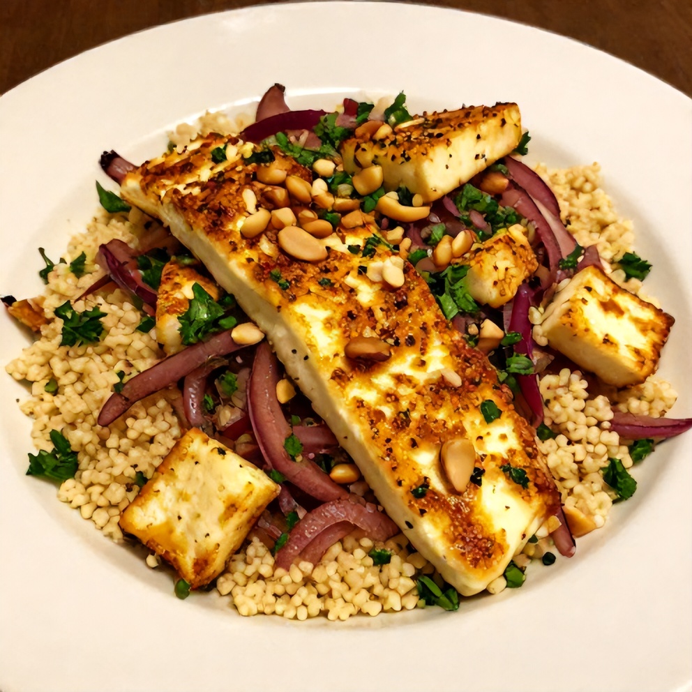 Plated Hot Honey Halloumi Couscous Salad with Sumac Onions