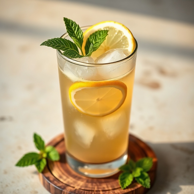 One frosty glass of iced guava white tea lemonade garnished with lemon wheel and fresh mint, served on a clear tumbler over a wooden coaster.