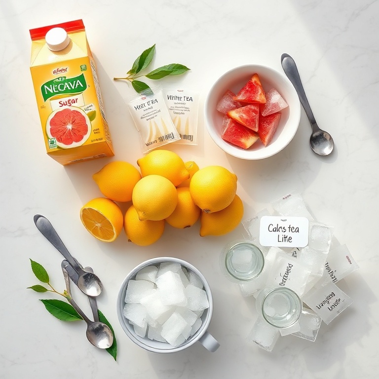 Overhead flat lay of guava nectar, white tea sachets, fresh lemons, ice, and sugar displayed with small prep bowls and measuring cups on white marble.