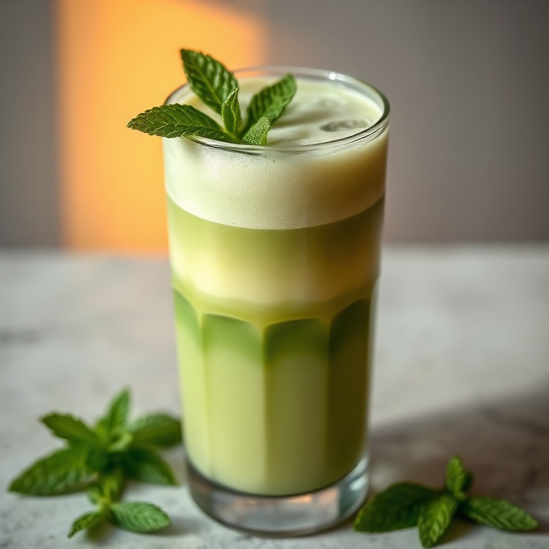 A glass of iced matcha latte with a mint leaf garnish. The drink is served in a tall glass with a smooth, cool texture. Warm side lighting highlights the froth and the matcha layers in the glass.