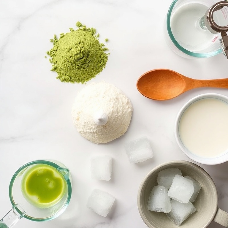 A flat lay of matcha powder, whole milk, ice cubes, and a wooden spoon. The main ingredients of an iced matcha latte are visible on a white marble surface with measuring cups and a bowl nearby.