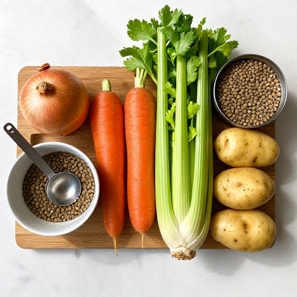 Ingredients for Irish Vegetarian Stew laid out on a wooden board