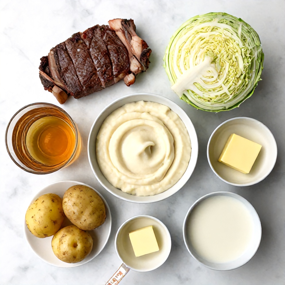 Raw ingredients for Irish Whiskey Steak with Creamy Colcannon Mash